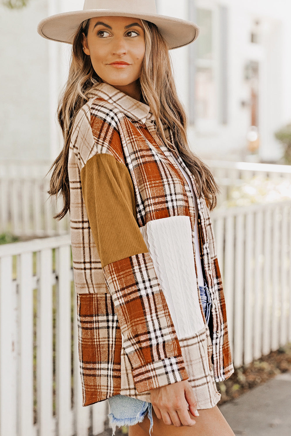 Orange Plaid Color Block Patchwork Shirt Jacket with Pocket-Bella Boutique Collective