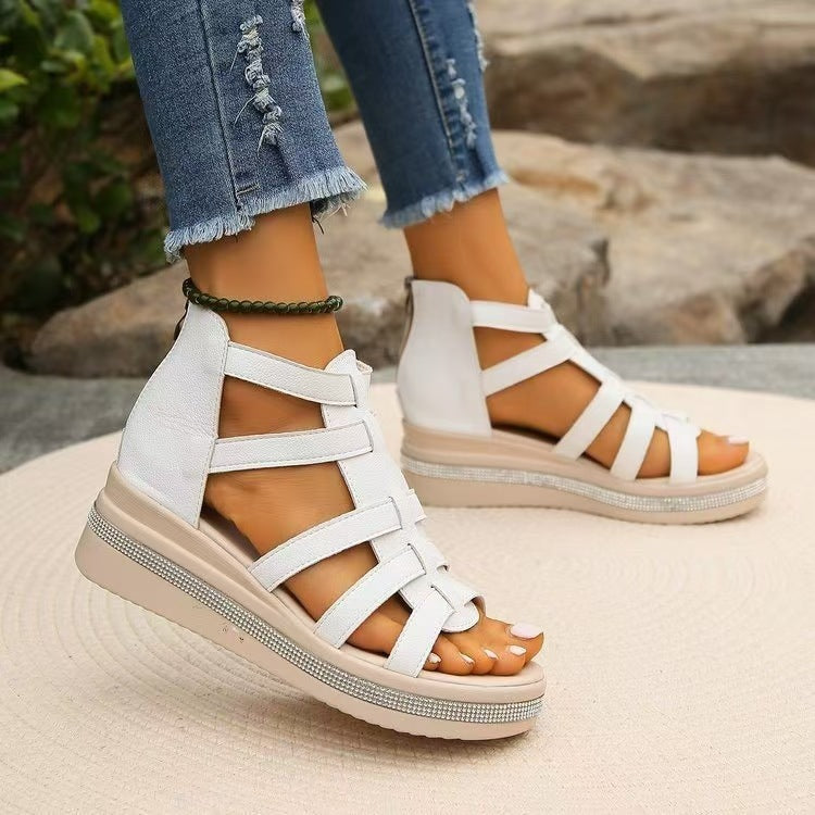Cutout Rhinestone Trim Wedge Sandals-Bella Boutique Collective