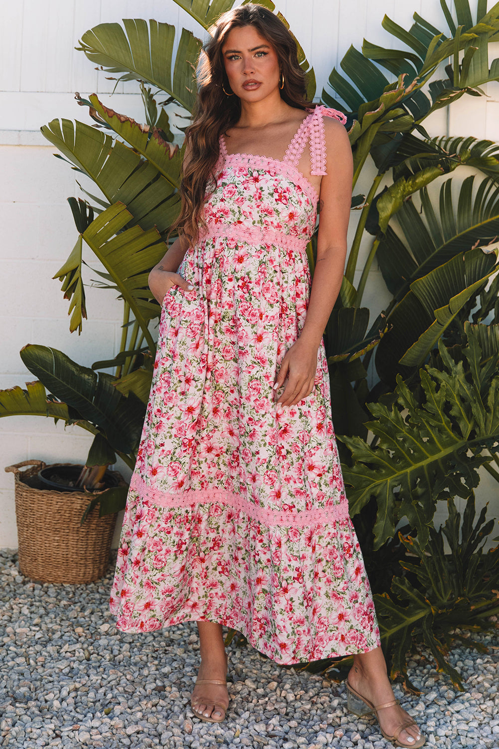 Pink Floral Lace Tied Strap Empire Waist Maxi Dress-Bella Boutique Collective
