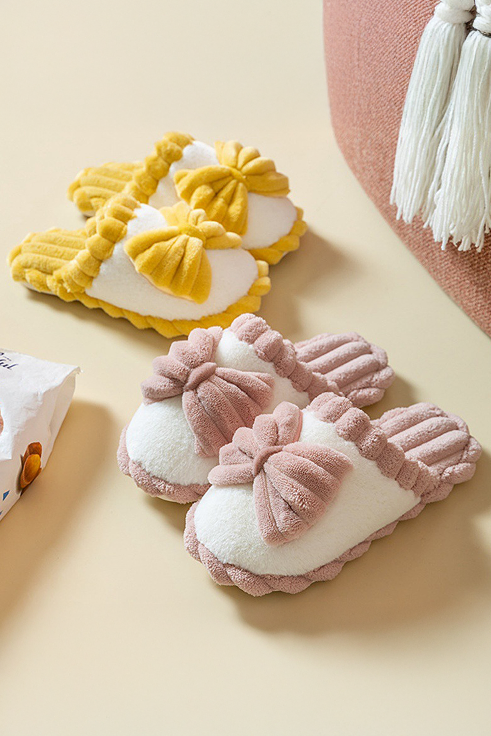 Fushia Bow Decor Color Block Ribbed Plush Slippers-Bella Boutique Collective