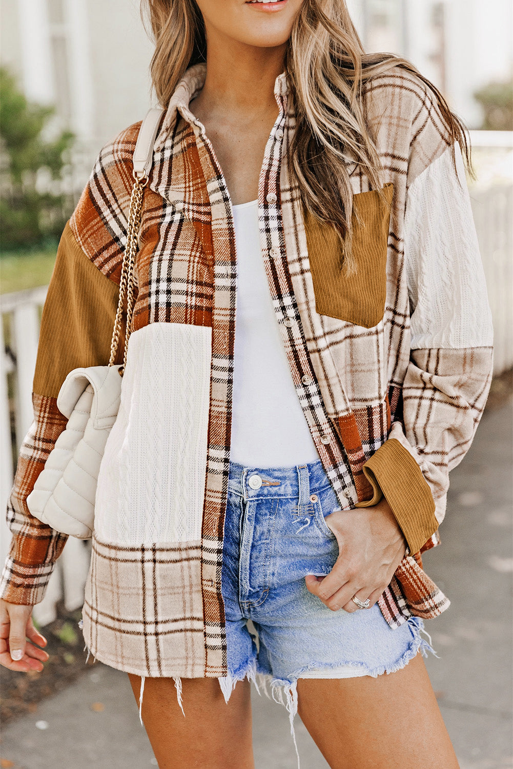 Orange Plaid Color Block Patchwork Shirt Jacket with Pocket-Bella Boutique Collective
