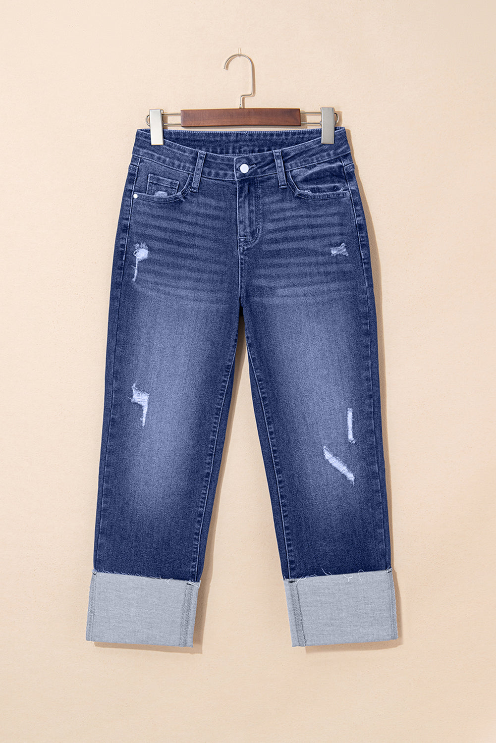 Real Teal Folded Cuffs Distressed Straight High Waist Jeans-Bella Boutique Collective