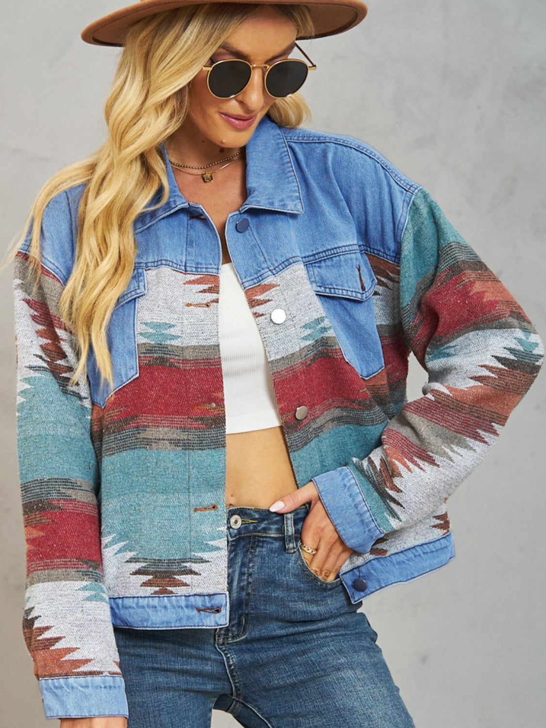 Geometric Button Up Dropped Shoulder Denim Jacket-Bella Boutique Collective