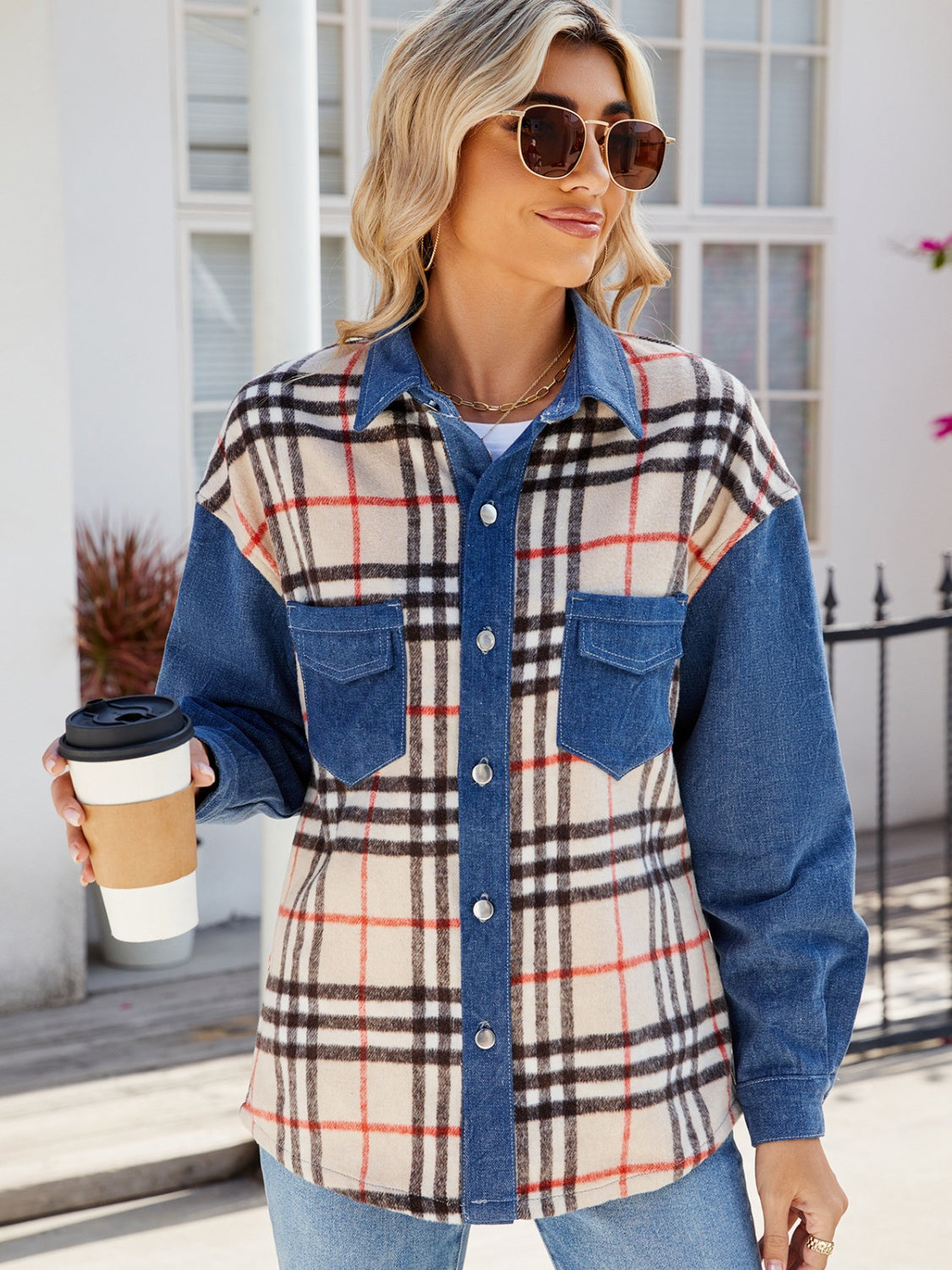Plaid Long Sleeve Denim Jacket-Bella Boutique Collective
