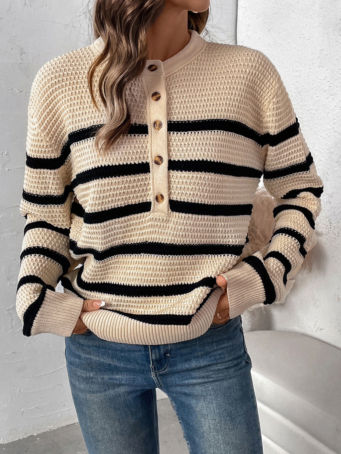 Perfee Striped Half Button Long Sleeve Sweater-Bella Boutique Collective