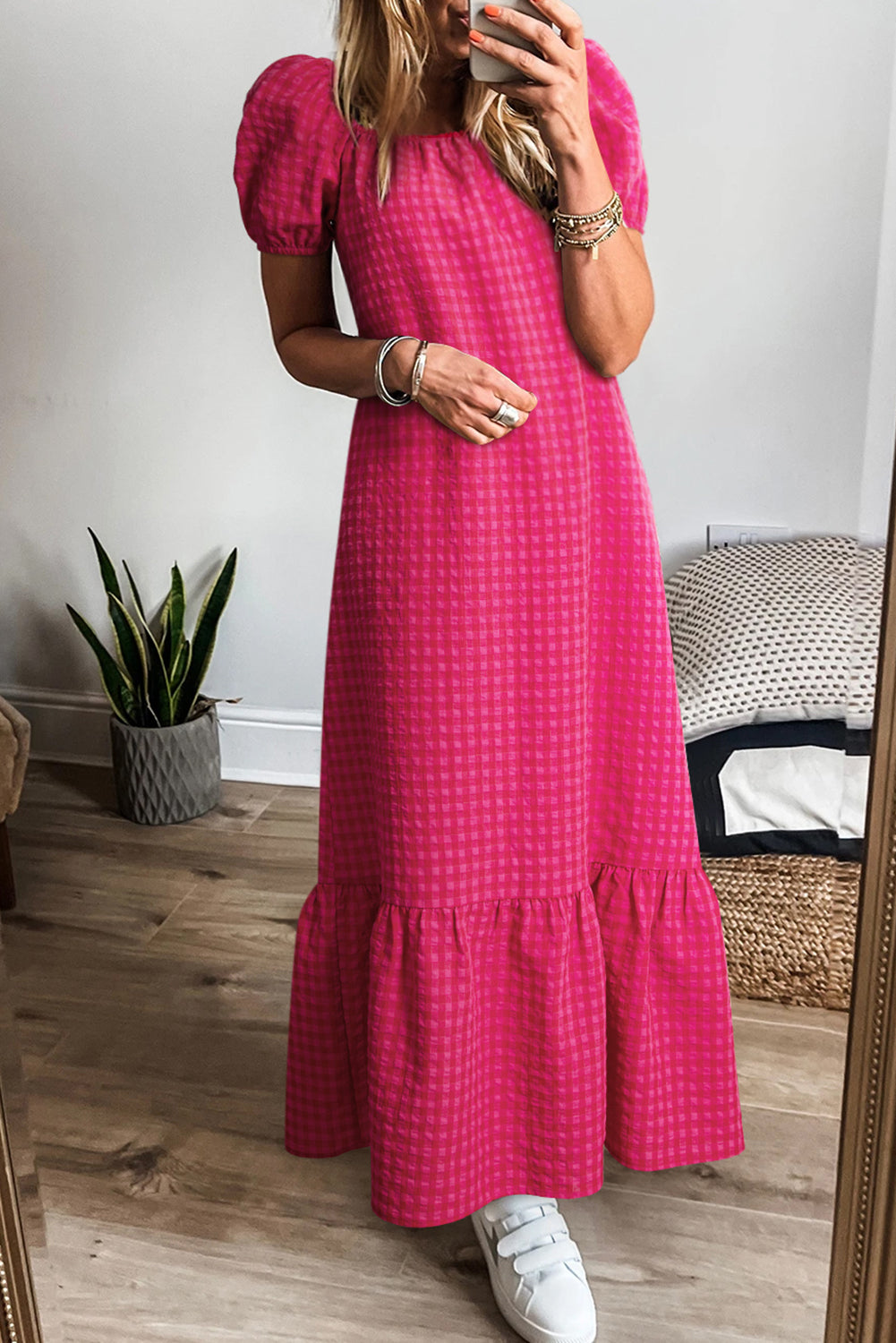 Rose Ginham Check Bubble Sleeve Ruffled Maxi Dress-Bella Boutique Collective
