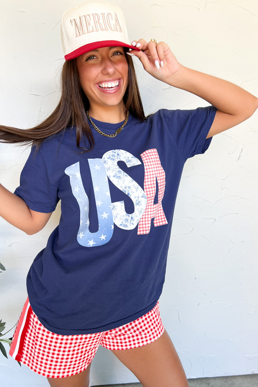 Blue USA Graphic July 4th Crew Neck T Shirt-Bella Boutique Collective