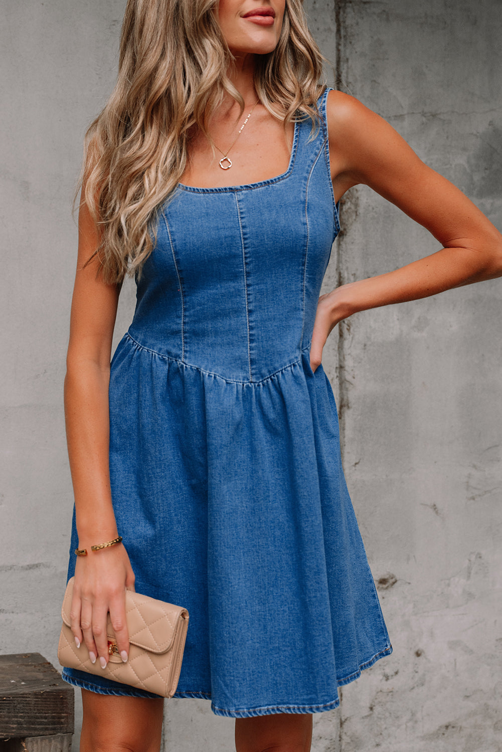 Sail Blue Square Neck Bowknot A-line Sleeveless Denim Dress-Bella Boutique Collective