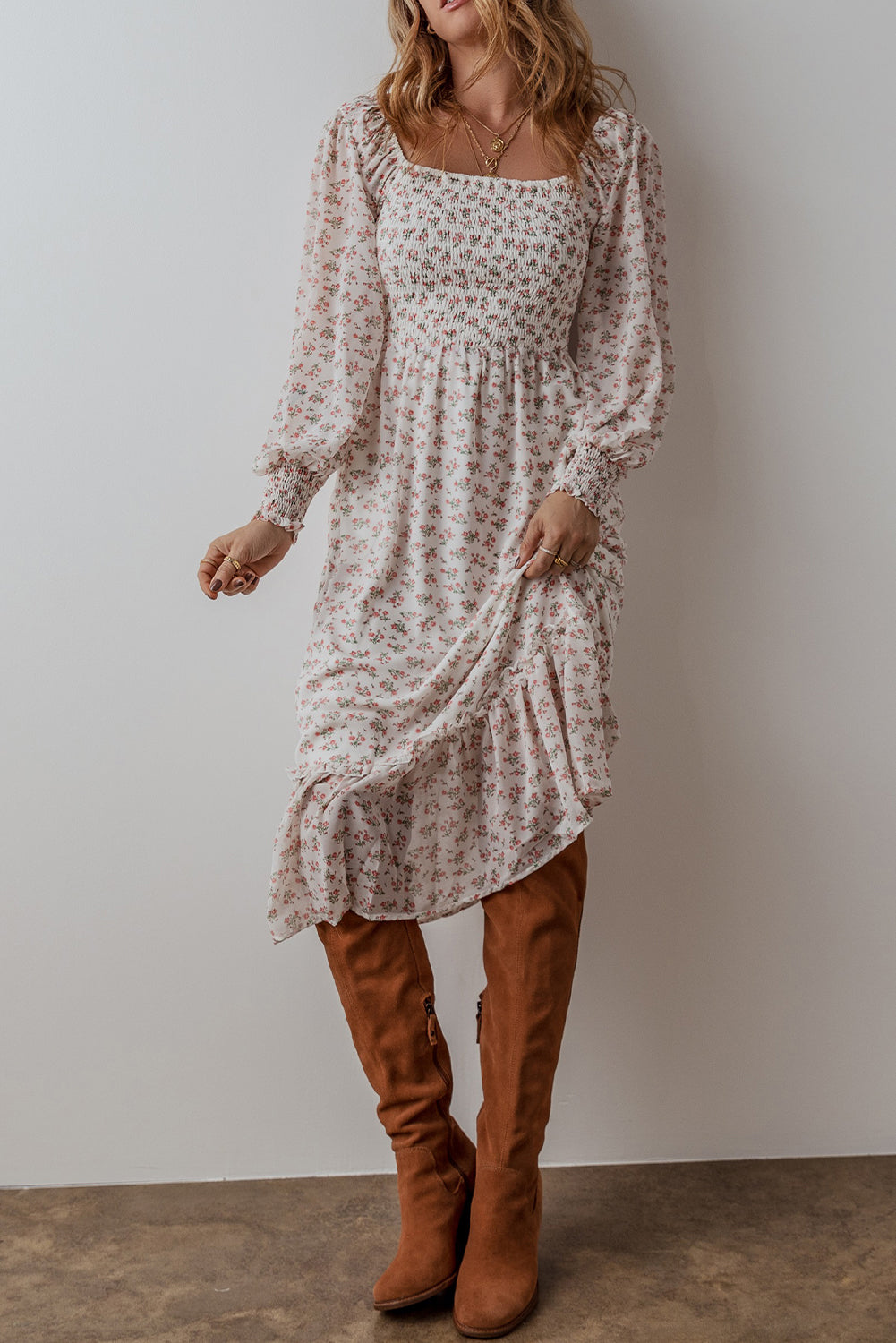 White Floral Print Shirred Ruffled Hem Square Neck Midi Dress-Bella Boutique Collective