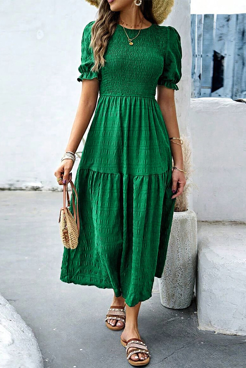 Dark Green Solid Textured Smocked Puff Short Sleeve High Waist Long Dress-Bella Boutique Collective