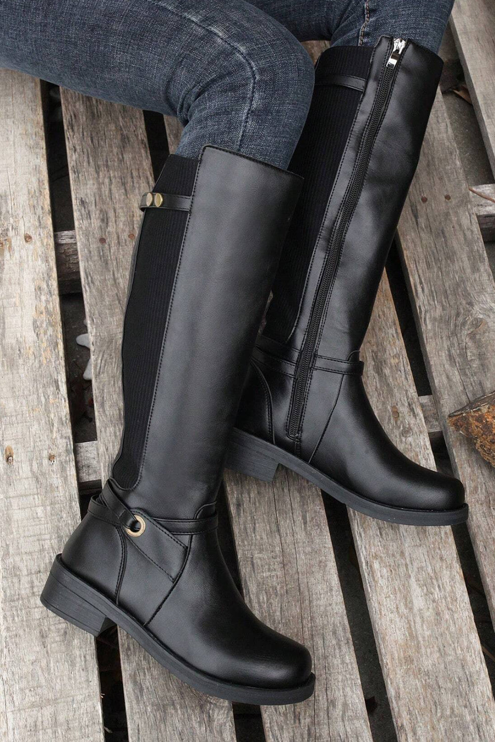 Black Side Zipper Knee High Chunky Low Heel Boots-Bella Boutique Collective