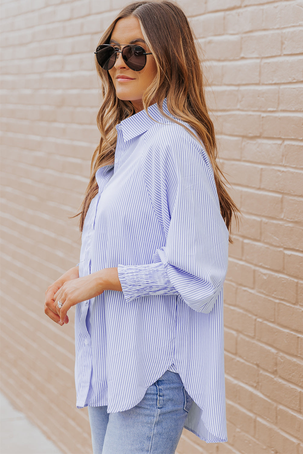 Sky Blue Smocked Cuffed Striped Boyfriend Shirt with Pocket-Bella Boutique Collective