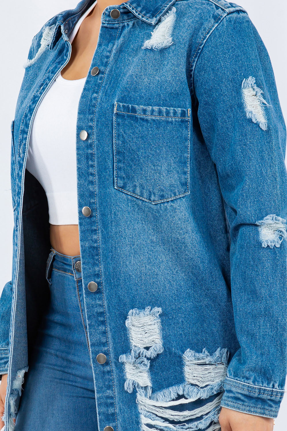 American Bazi Distressed Button Up Long Sleeve Denim Jacket-Bella Boutique Collective