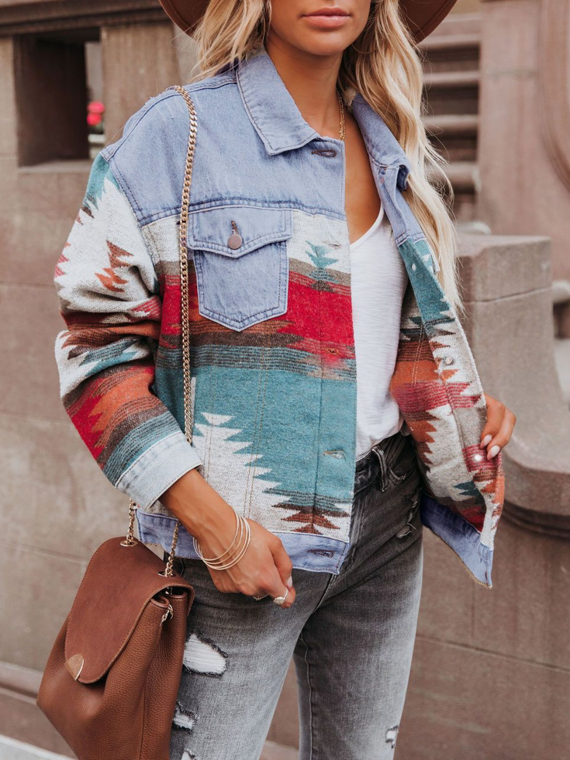 Geometric Button Up Long Sleeve Denim Jacket-Bella Boutique Collective