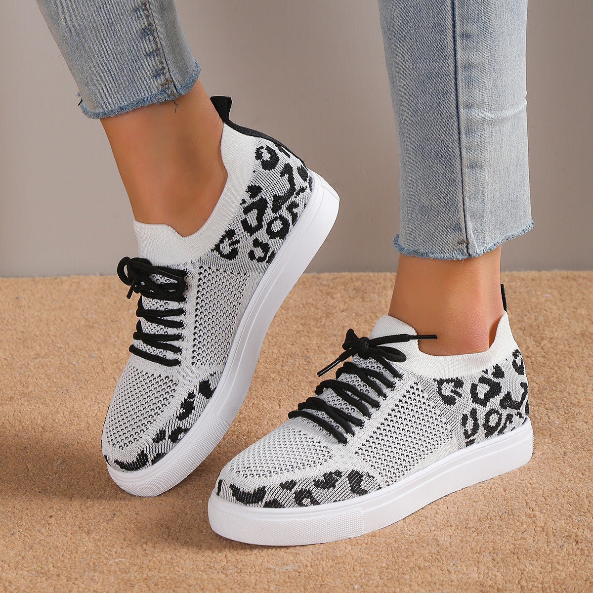 Lace-Up Leopard Flat Sneakers-Bella Boutique Collective