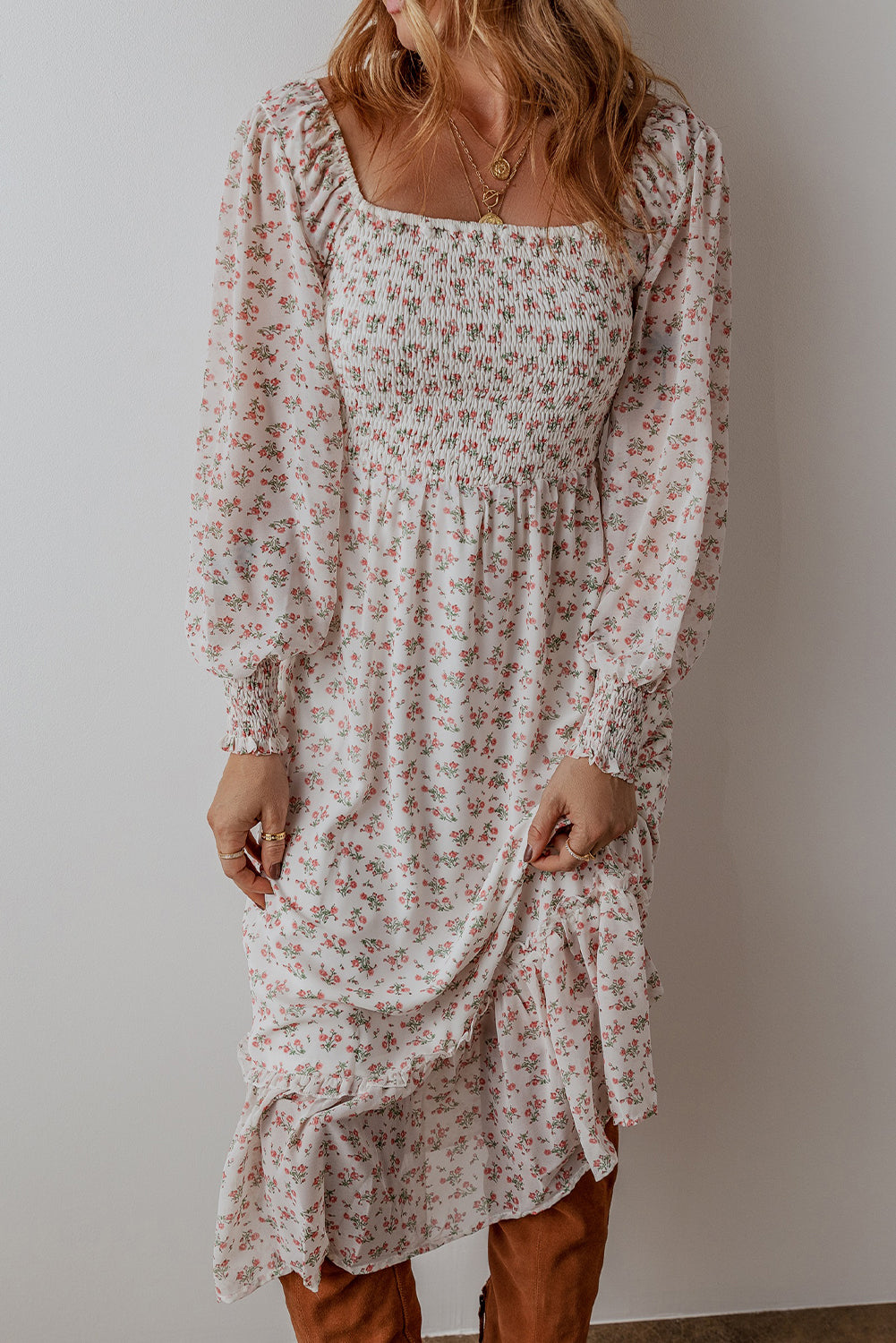 White Floral Print Shirred Ruffled Hem Square Neck Midi Dress-Bella Boutique Collective