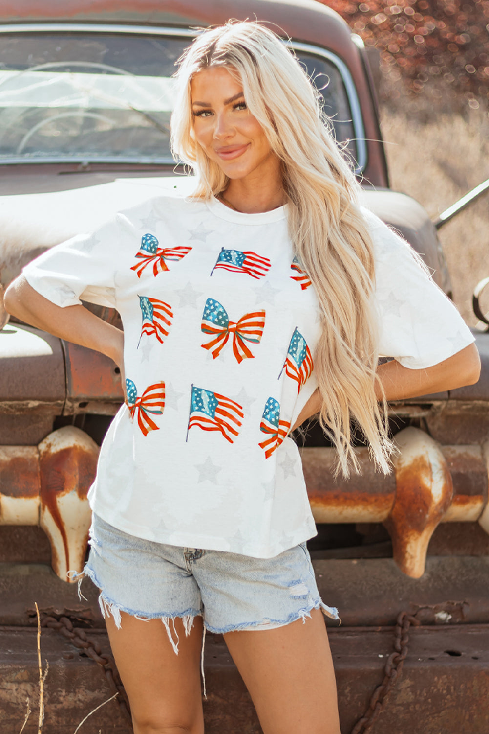 Khaki Patriotic Flag Bow Graphic Starry Round Neck T Shirt-Bella Boutique Collective