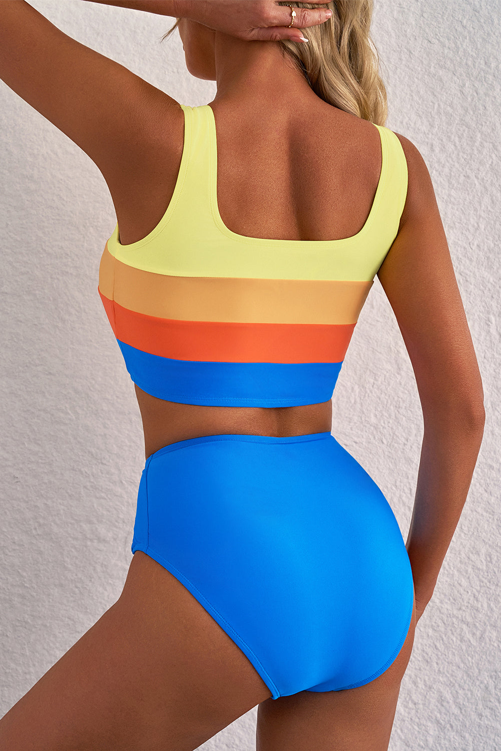 Blue Colorblock Square Neck Top Pleated High Waisted Bikini-Bella Boutique Collective