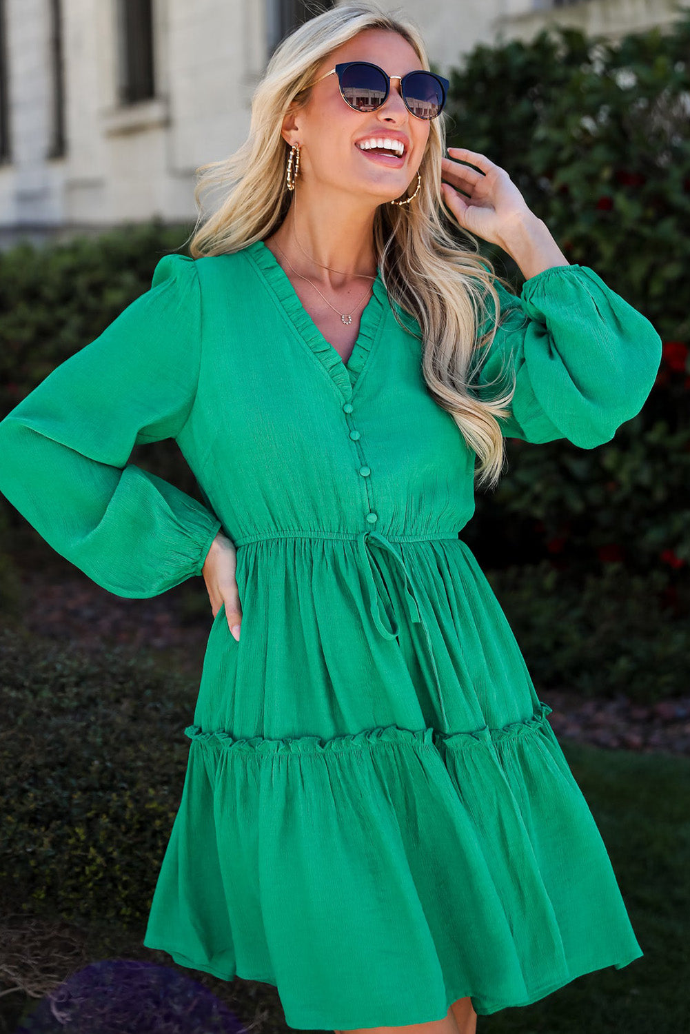 Sea Green Frilly V Neck Puff Sleeve Drawstring Shift Mini Dress-Bella Boutique Collective
