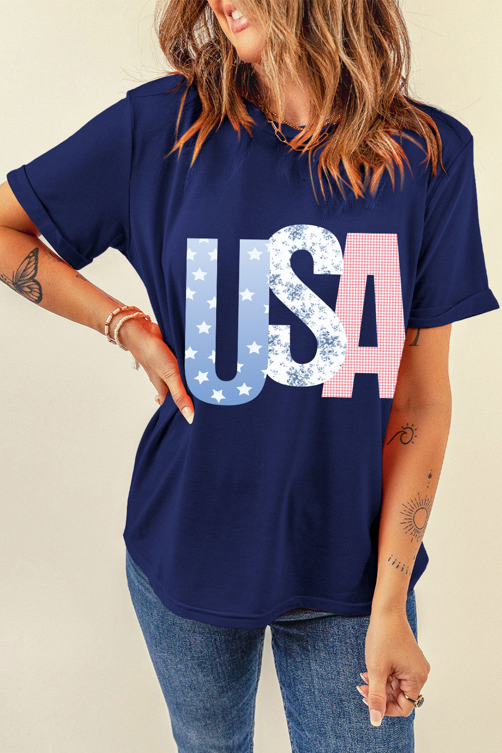 Blue USA Graphic July 4th Crew Neck T Shirt-Bella Boutique Collective