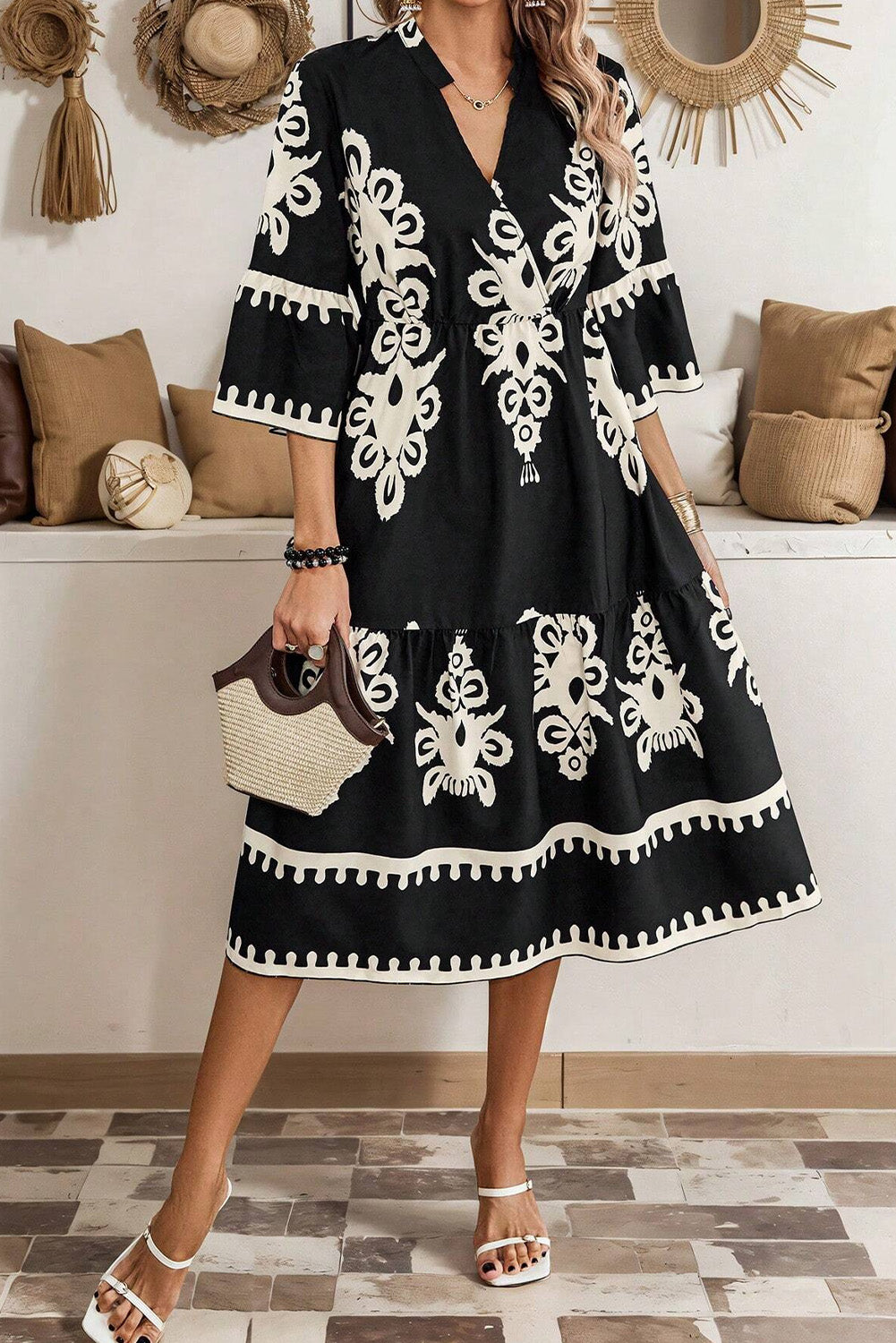 Black Western Geometric Print 3/4 Sleeve Loose Midi Dress-Bella Boutique Collective