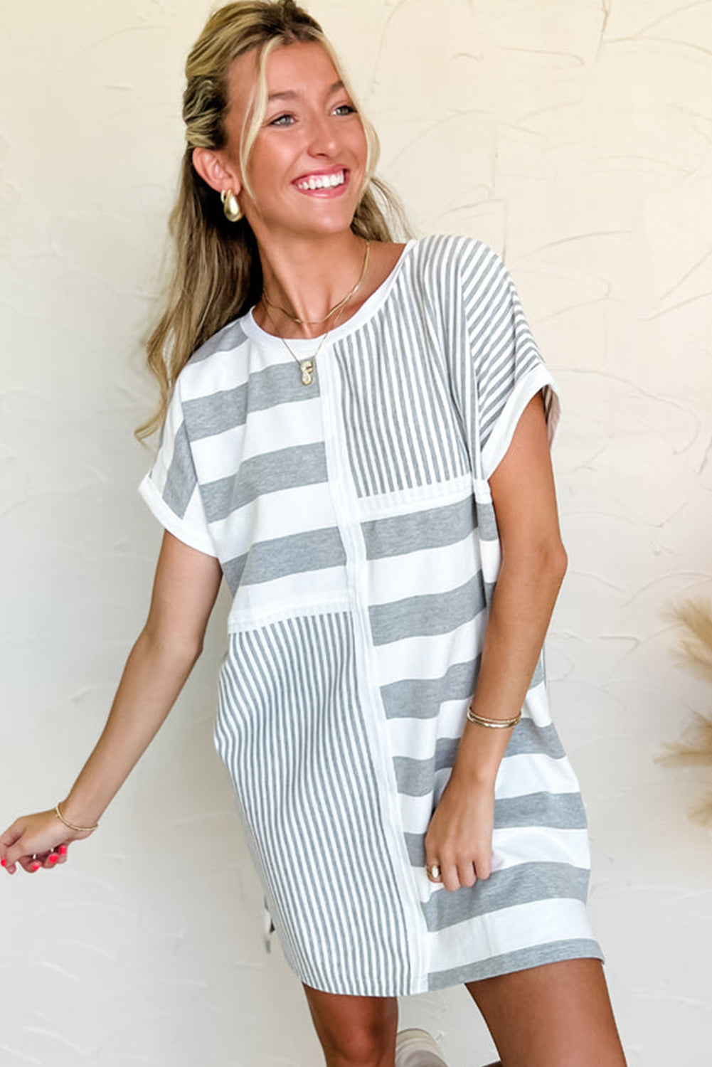 Gray Stripe Mixed Printed Short Sleeve Shift Mini T Shirt Dress-Bella Boutique Collective