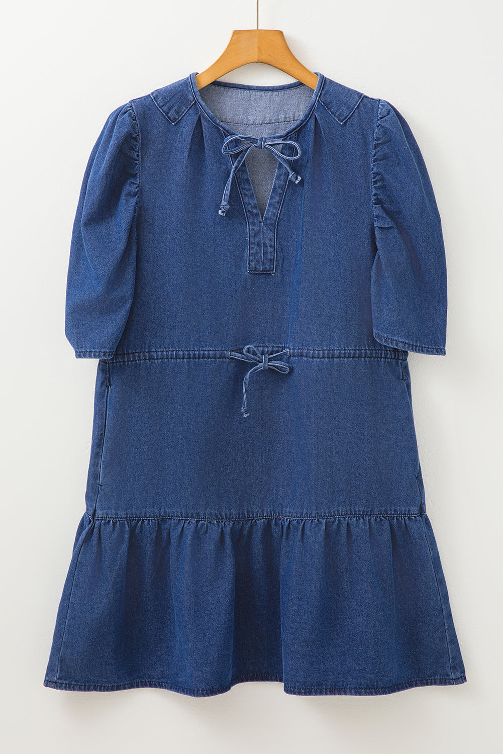 Blue Drawstring High Waist Puff Sleeve Denim Mini Dress-Bella Boutique Collective