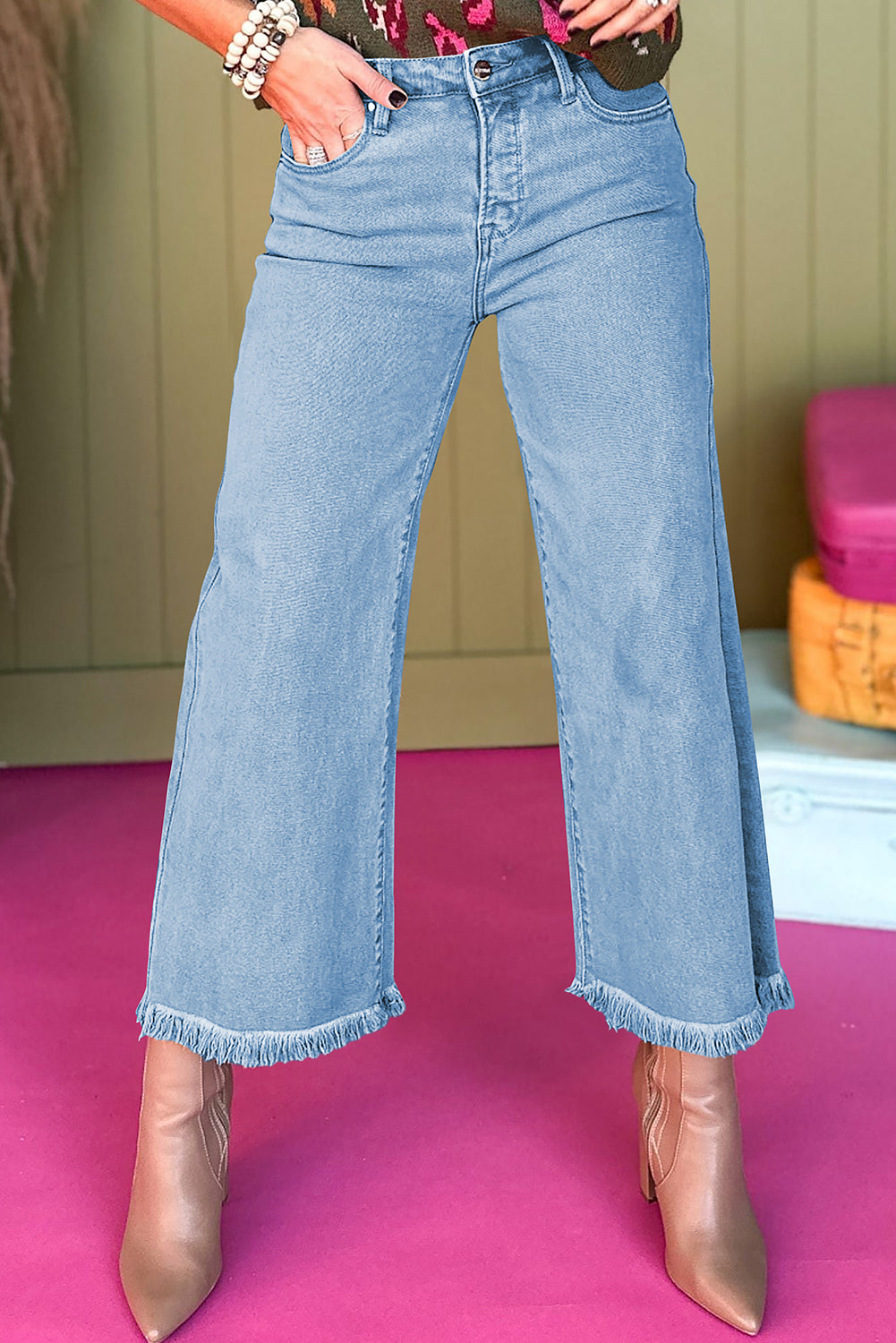 Myosotis Acid Washed High Rise Cropped Wide Leg Jeans-Bella Boutique Collective