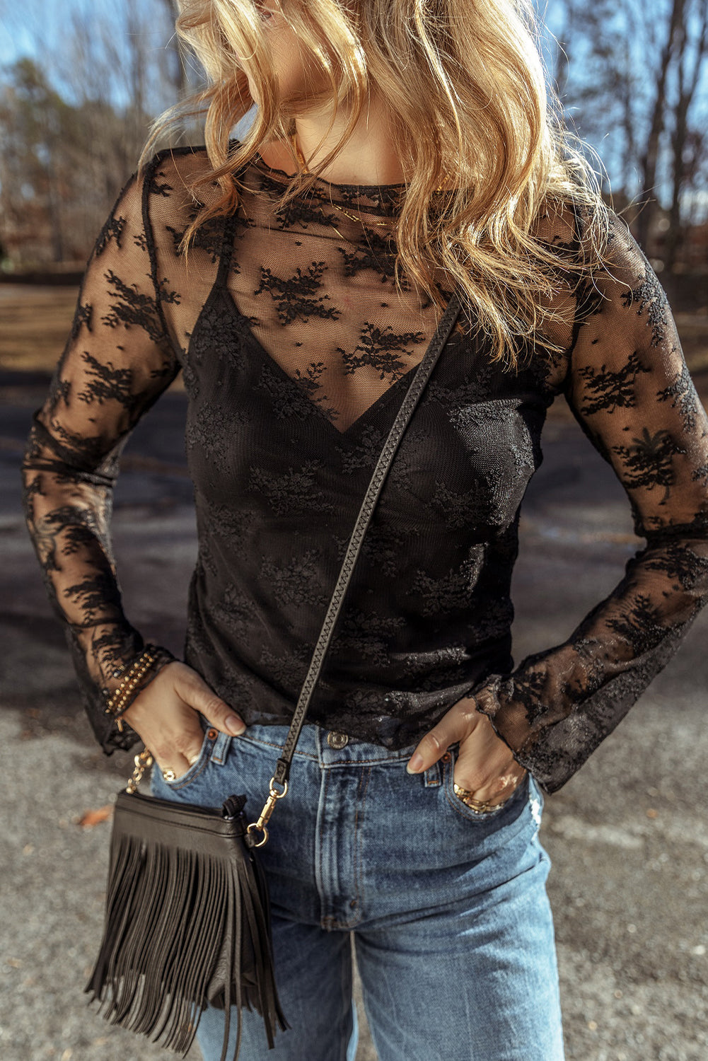 Black Lace Mesh Crochet Splicing Slim Fit Long Sleeve Blouse-Bella Boutique Collective