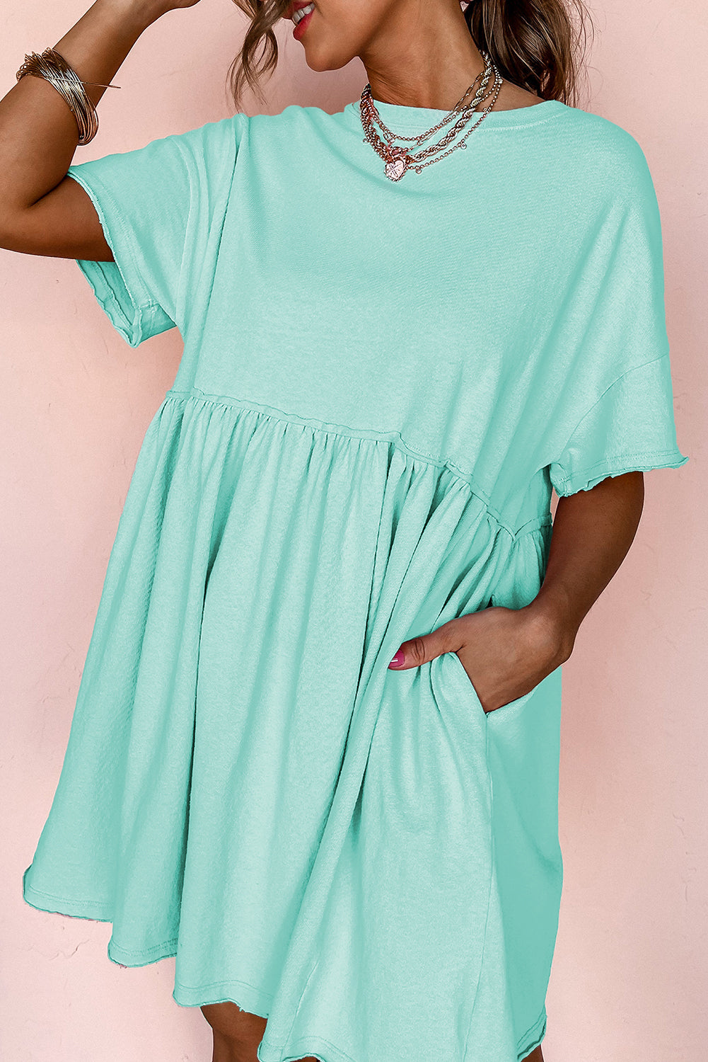 Moonlight Jade Solid Color Pocketed Raw Edge Babydoll Dress-Bella Boutique Collective