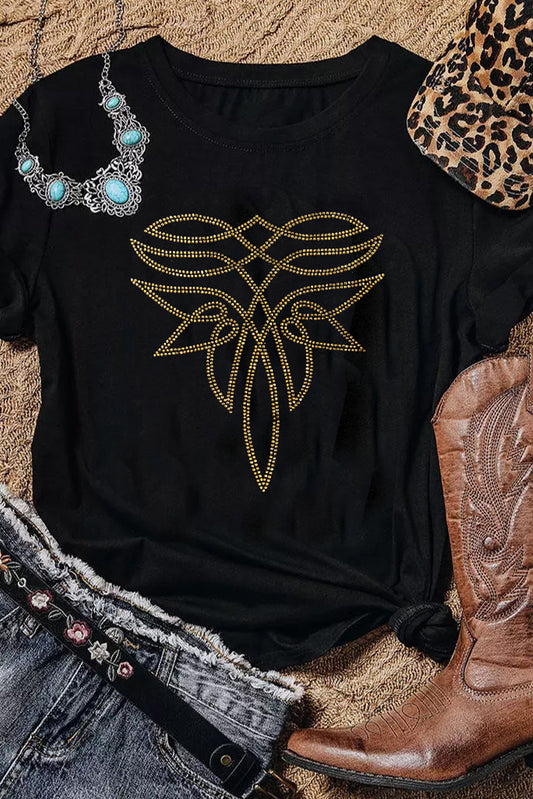 Black Rhinestone Western Pattern Cotton Blend Graphic T Shirt-Bella Boutique Collective