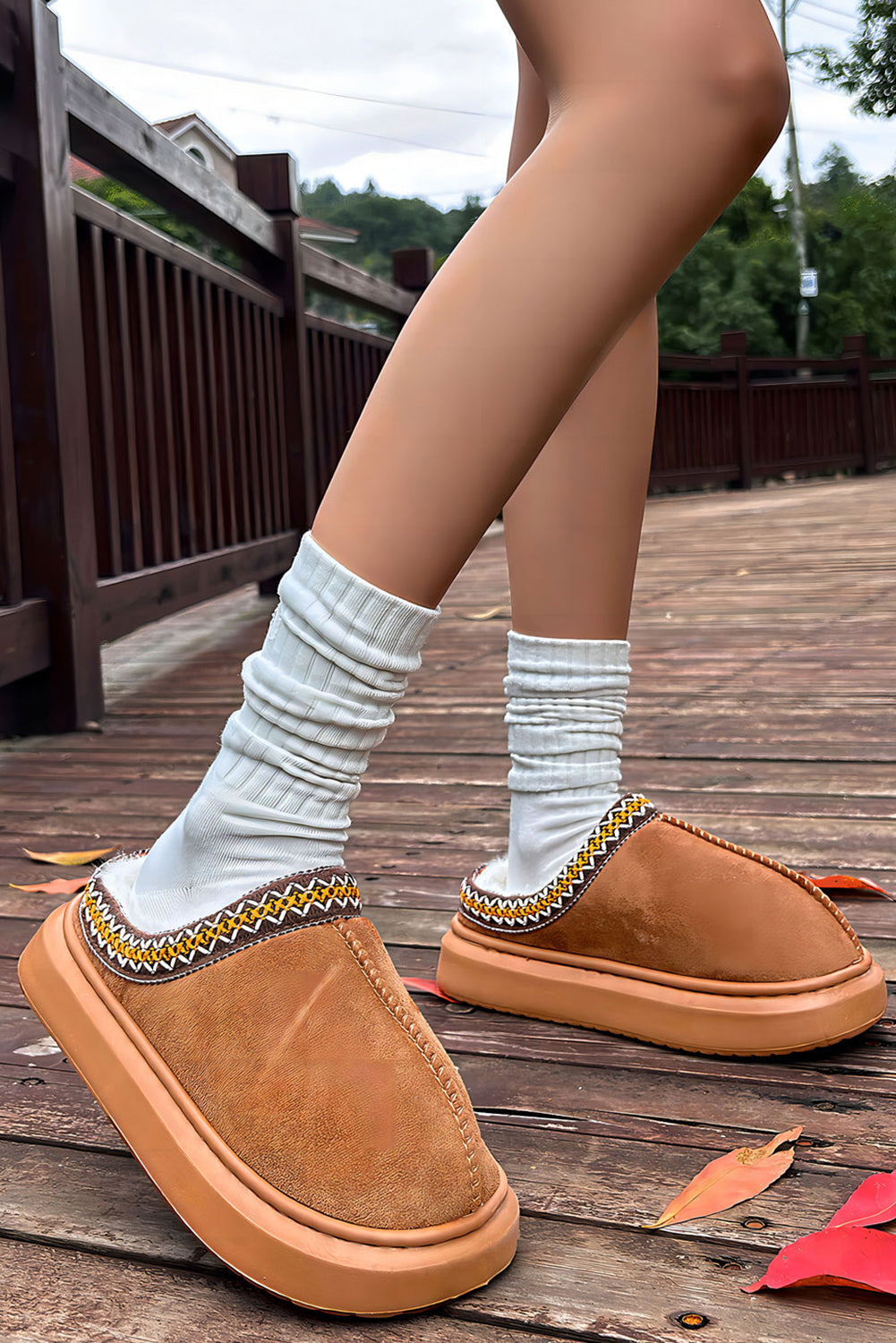 Chestnut Contrast Edge Suede Plush Lined Thick Sole Winter Slippers-Bella Boutique Collective