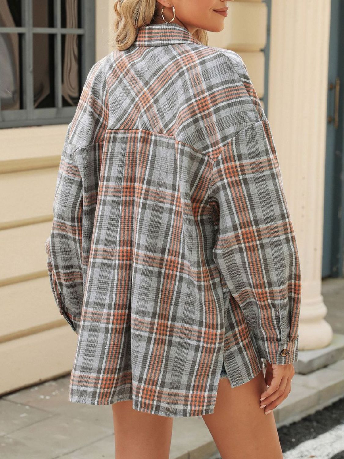 Pocketed Plaid Collared Neck Long Sleeve Shirt-Bella Boutique Collective