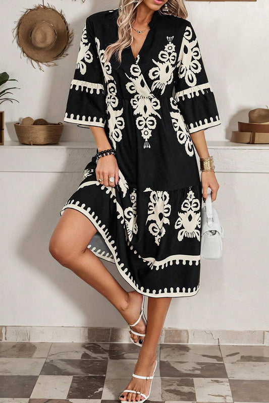 Black Western Geometric Print 3/4 Sleeve Loose Midi Dress-Bella Boutique Collective
