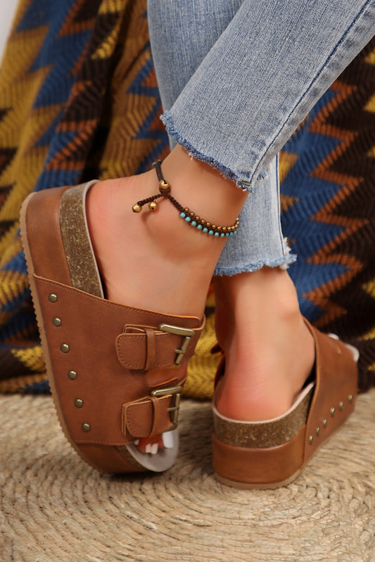 Chestnut Dual Buckle Studded Platform Sandal Slippers-Bella Boutique Collective