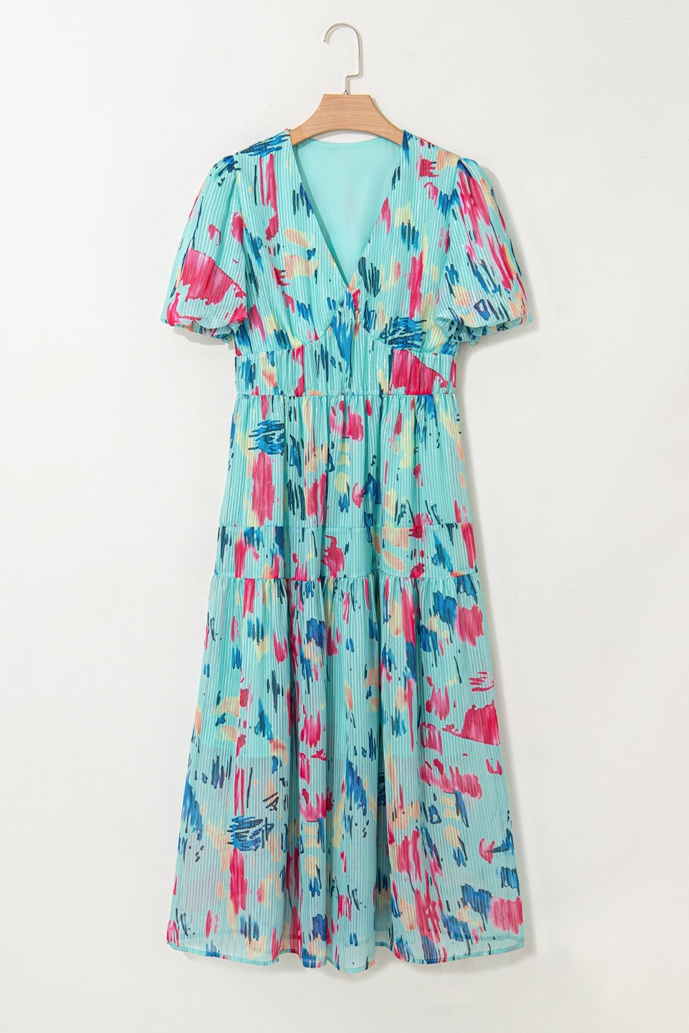 Sky Blue Abstract Print Short Puff Sleeve Tiered Maxi Dress-Bella Boutique Collective