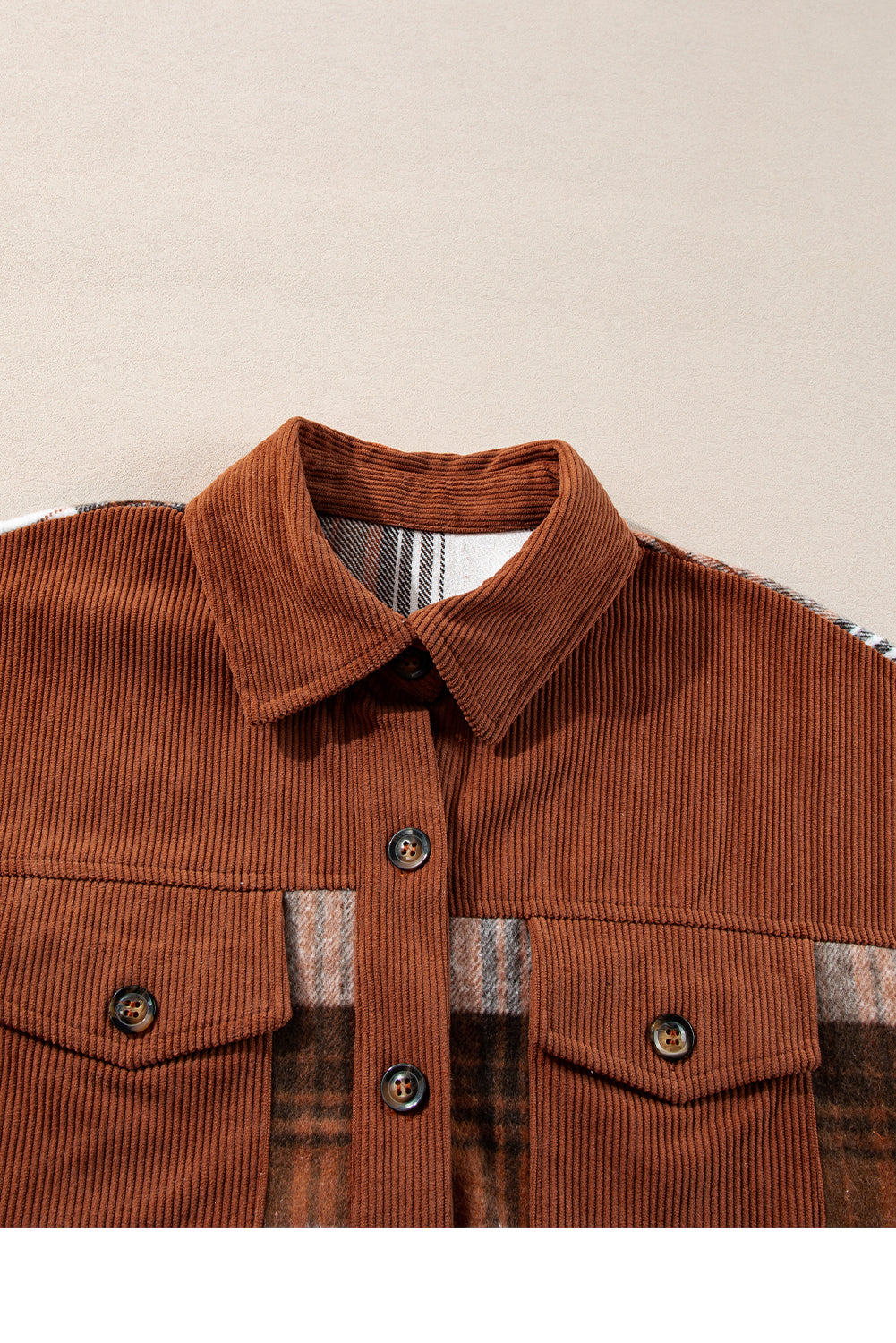 Cinnamon Plaid Corduroy Patchwork Chest Pocket Shacket-Bella Boutique Collective
