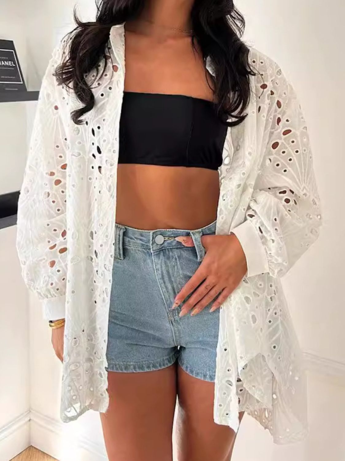 Cutout Collared Neck Long Sleeve Shirt-Bella Boutique Collective