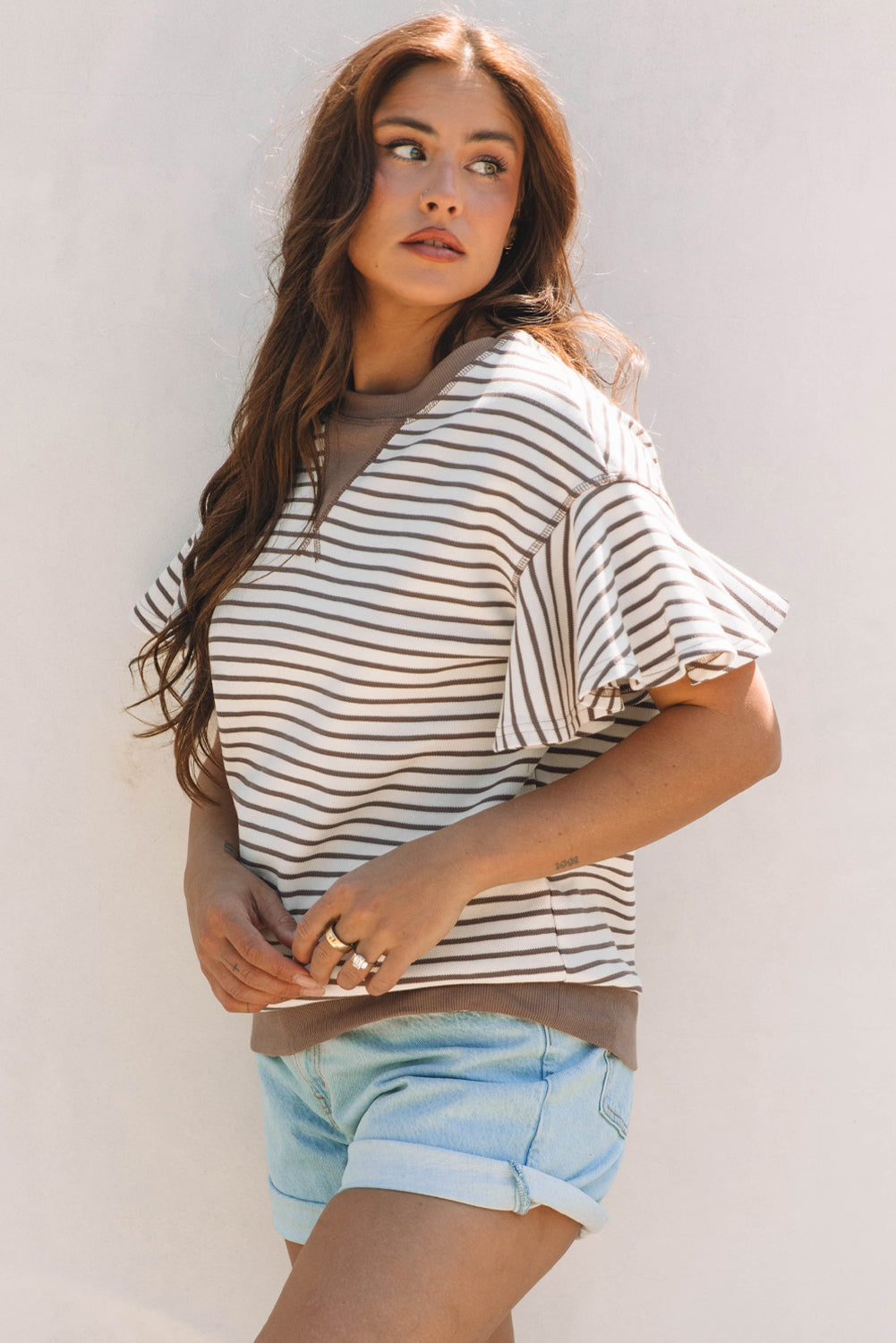 Parchment Contrast Detail Striped Ruffle Short Sleeve Top-Bella Boutique Collective