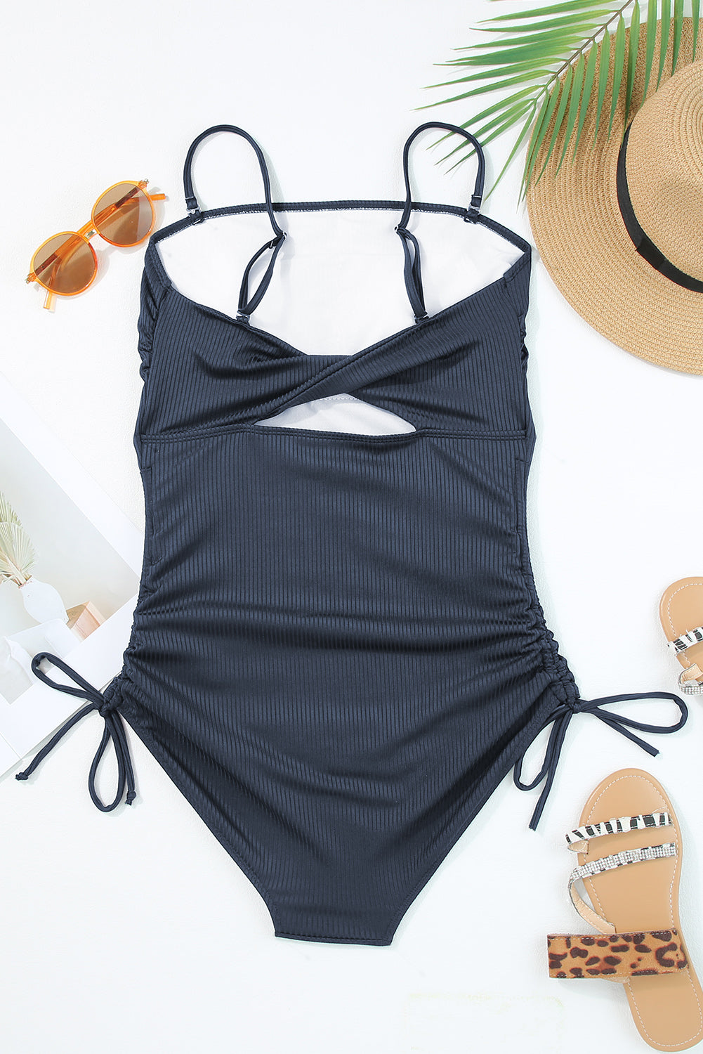 Navy Blue Ribbed Drawstring Sides Cutout One Piece Swimsuit-Bella Boutique Collective