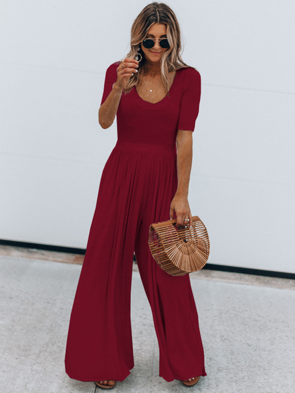 Scoop Neck Short Sleeve Jumpsuit-Bella Boutique Collective