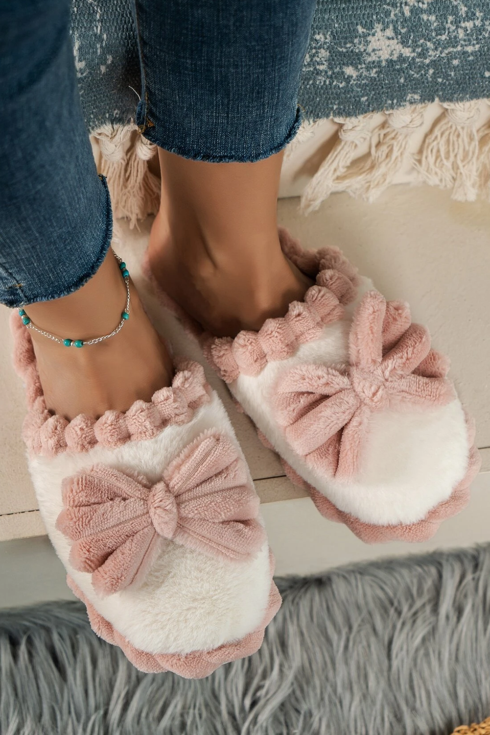 Fushia Bow Decor Color Block Ribbed Plush Slippers-Bella Boutique Collective