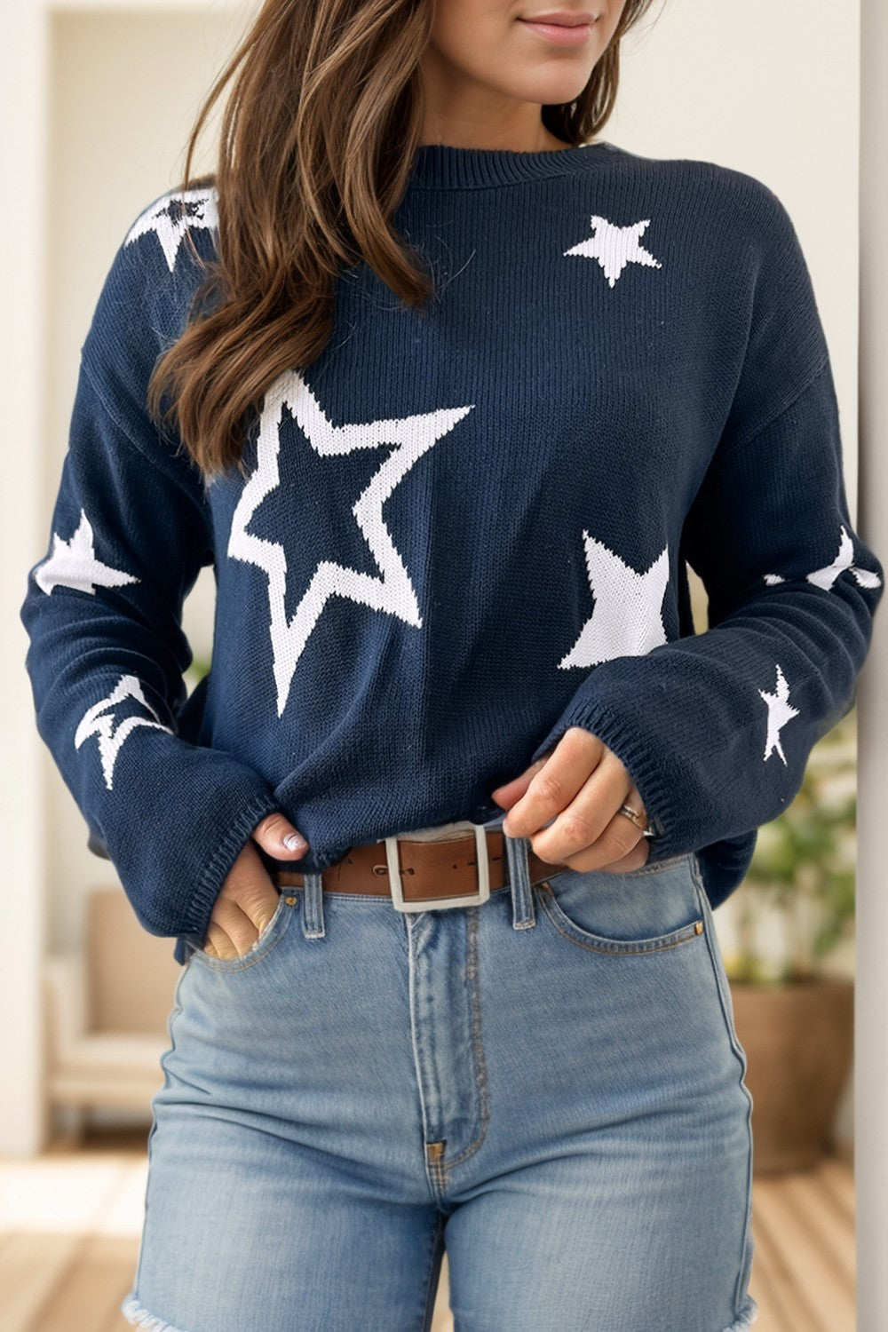 Star Round Neck Long Sleeve Sweater-Bella Boutique Collective