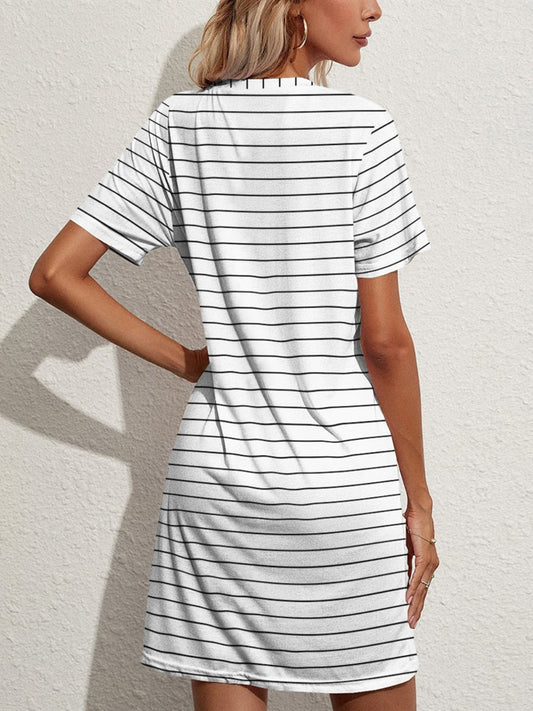 FAM-FAM Pocketed Striped Round Neck Short Sleeve Dress-Bella Boutique Collective
