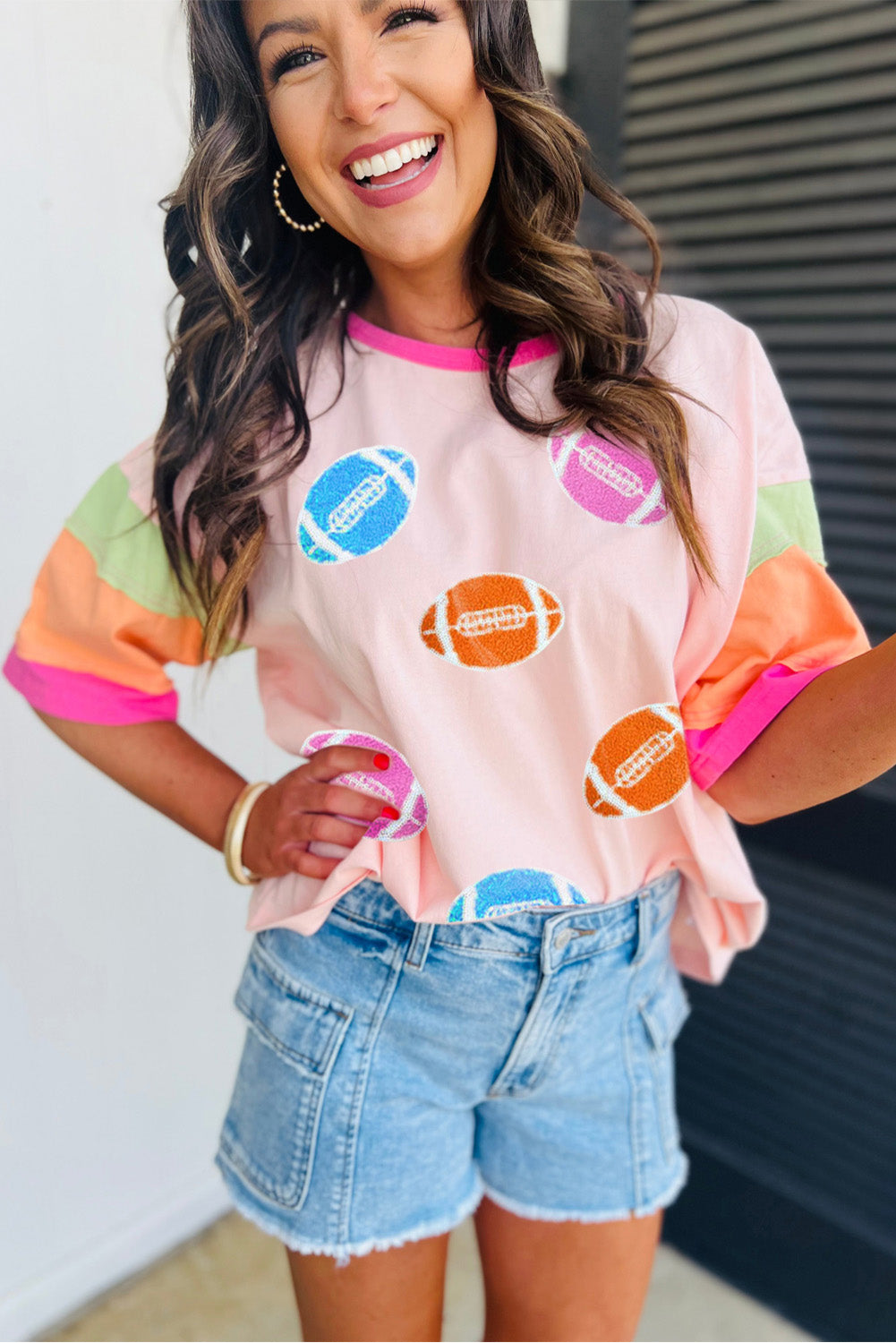 Pink Rugby Chenille Embroidered Color Block Half Sleeve T Shirt-Bella Boutique Collective