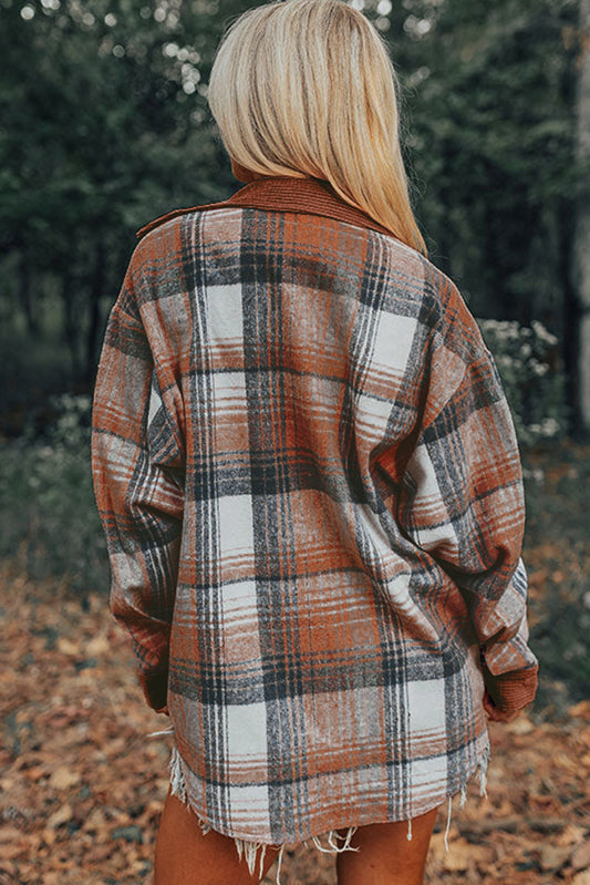 Cinnamon Plaid Corduroy Patchwork Chest Pocket Shacket-Bella Boutique Collective