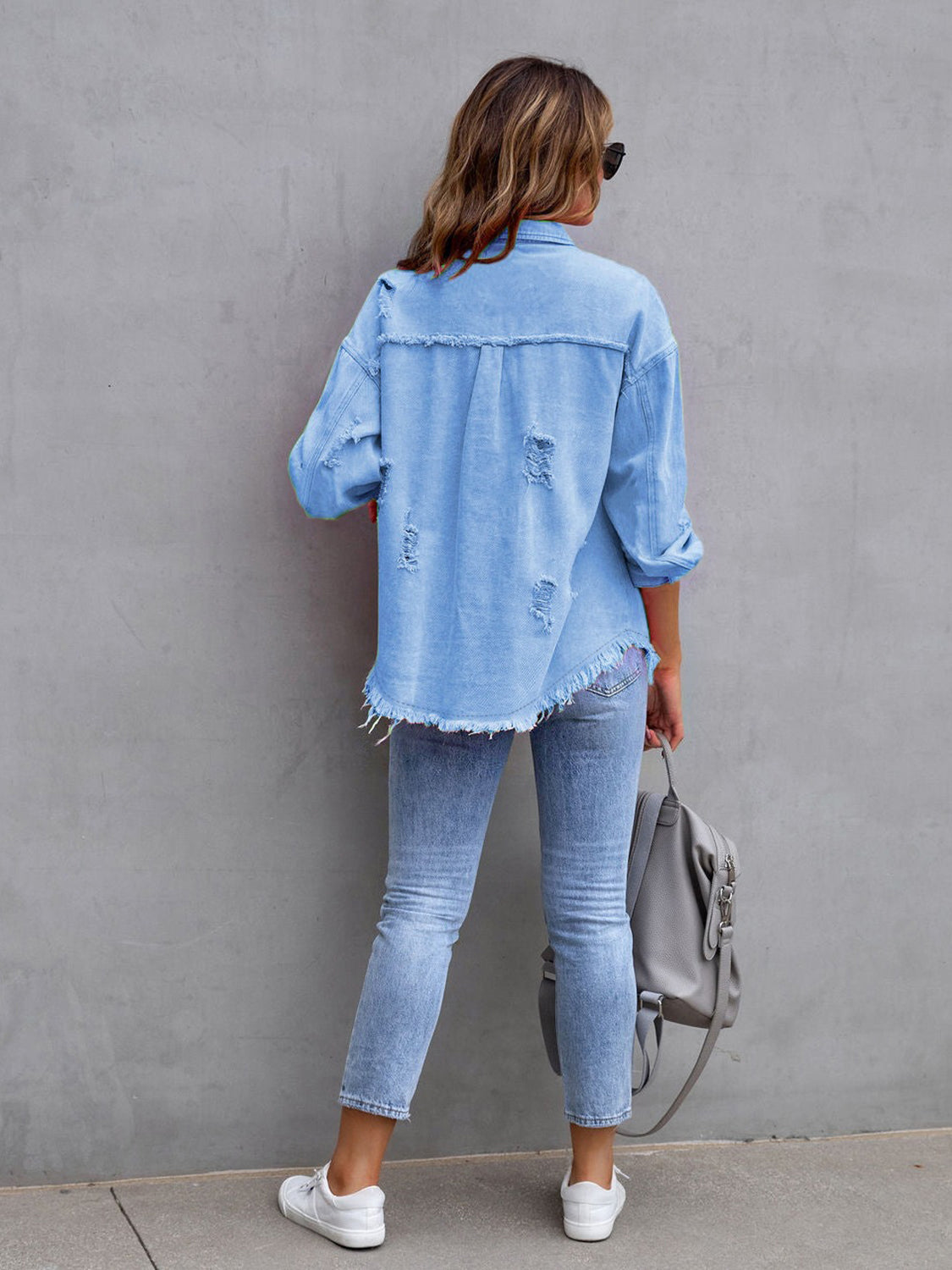 Distressed Drop Shoulder Denim Jacket-Bella Boutique Collective