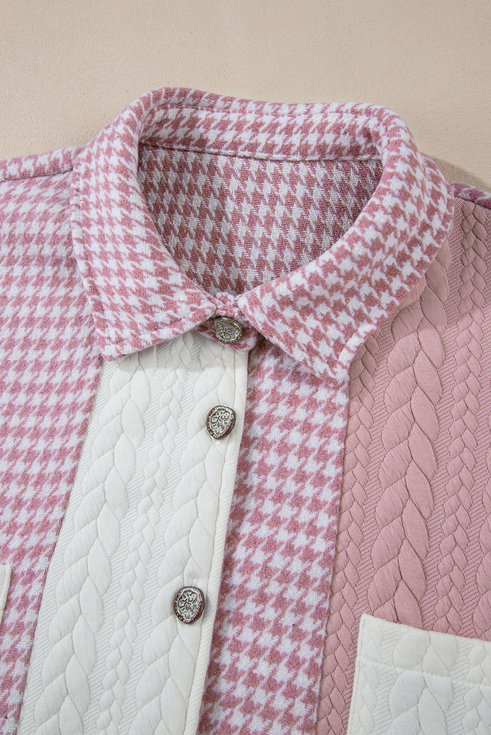 Pink Houndstooth Color Contrast Textured Patchwork Loose Shacket-Bella Boutique Collective