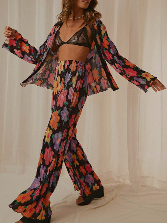 Printed Collared Neck Long Sleeve Top and Pants Lounge Set-Bella Boutique Collective