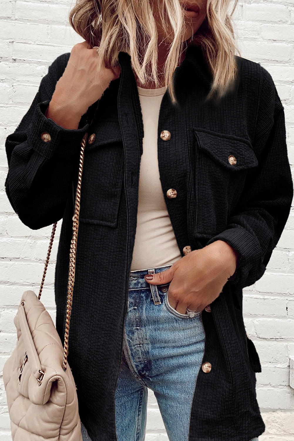 Black Corduroy Flap Pocket Button Up Shacket-Bella Boutique Collective